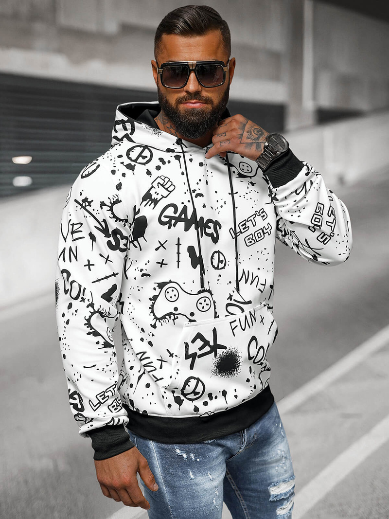 Vīriešu džemperis ar kapuci balta OZONEE JS/8B1227/1