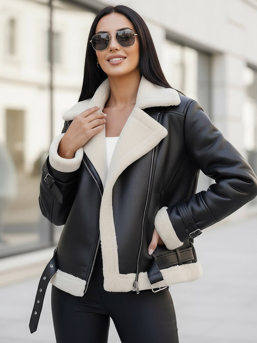 Sieviešu ādas jaka melni-balta OZONEE JS/11Z8177Z