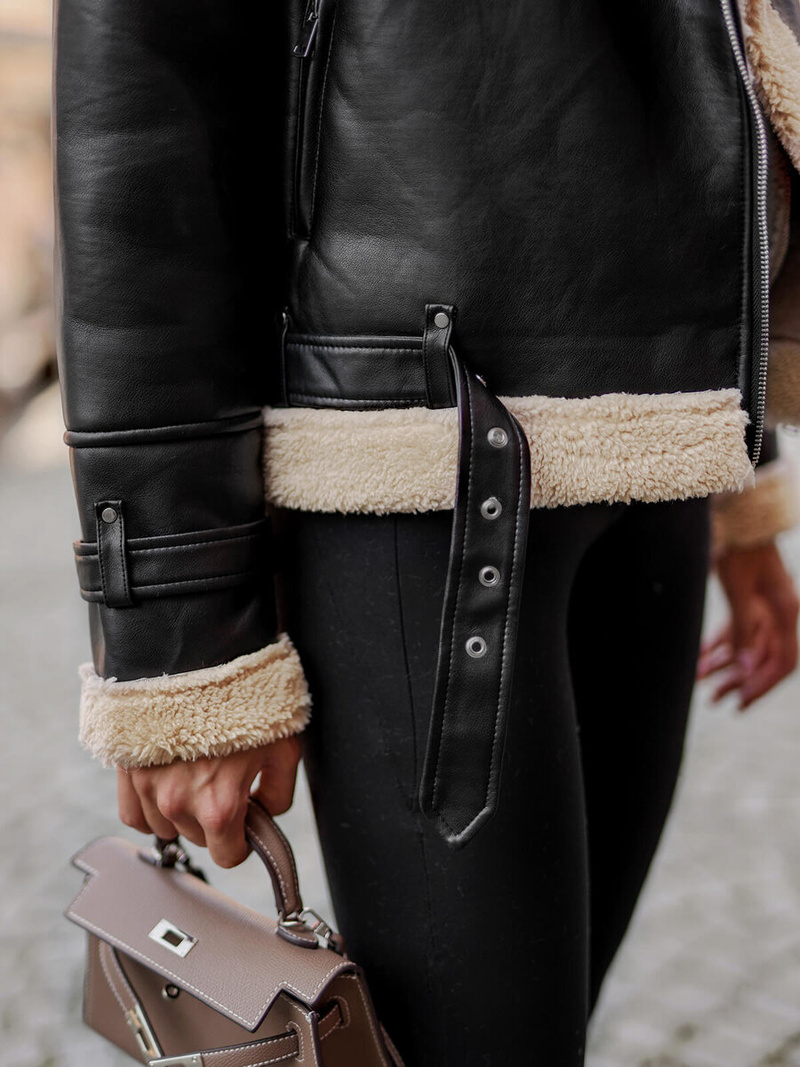 Sieviešu ādas jaka melni-smilšu OZONEE JS/11Z8177