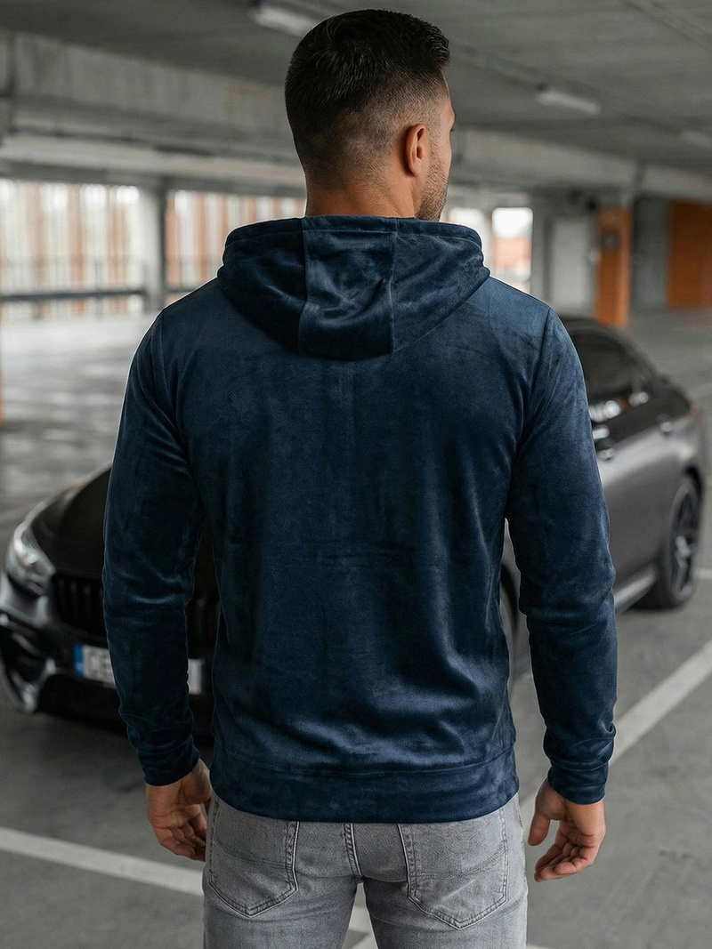 Vīriešu velūra džemperis ar kapuci tumši zila OZONEE JS/8B1168/25Z