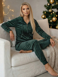 Sieviešu velūra treniņtērpa komplekts tumši zaļa OZONEE JS/8C1176/9Z