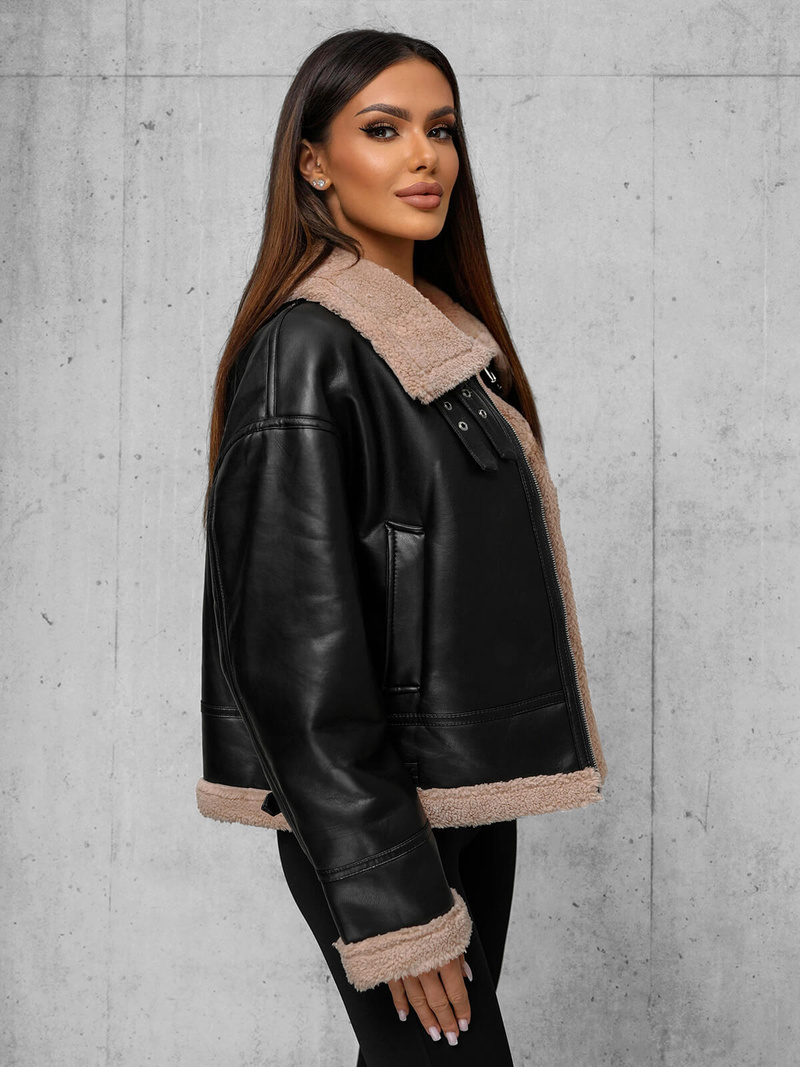 Sieviešu ādas jaka melni-smilšu OZONEE JS/11Z8176Z