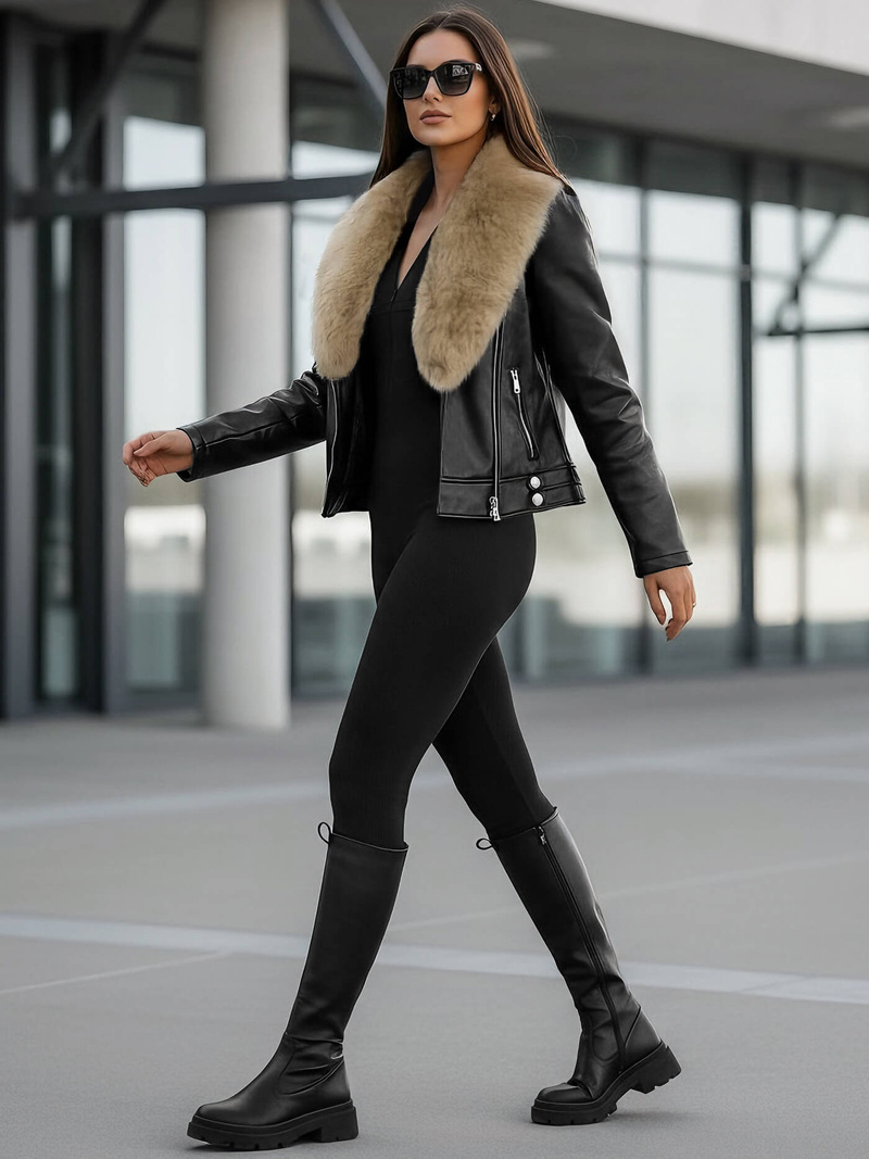 Sieviešu ādas jaka melni-smilšu OZONEE JS/61M8508/392BZ