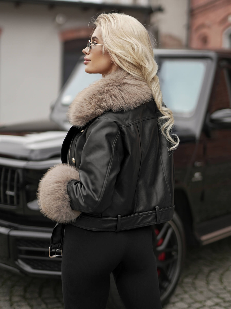 Sieviešu ādas jaka melni-smilšu OZONEE JS/61M8512/392BZ