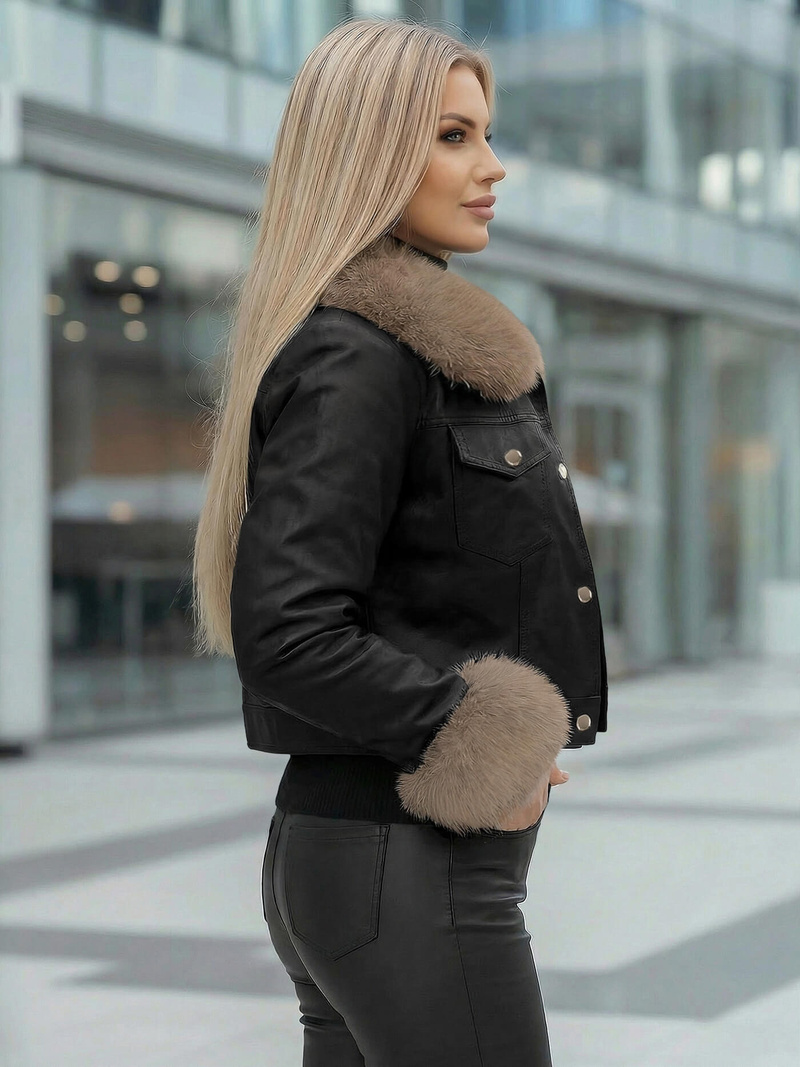 Sieviešu ādas jaka melni-smilšu OZONEE JS/61M8513/392B