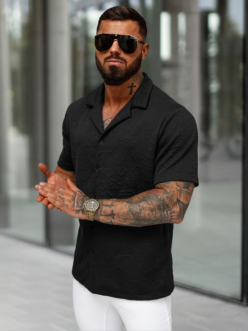 Vīriešu krekls ar īsām piedurknēm melns OZONEE O/B2258