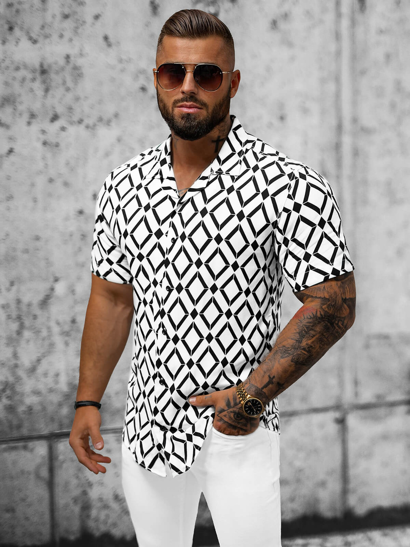 Vīriešu krekls ar īsām piedurknēm balti-melna OZONEE E/1400/139Z