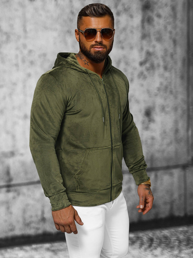 Vīriešu velūra džemperis ar kapuci haki OZONEE JS/8B1168/29