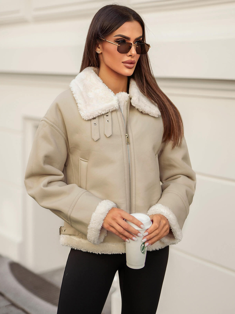 Sieviešu ādas jaka smilšu OZONEE JS/11Z8178