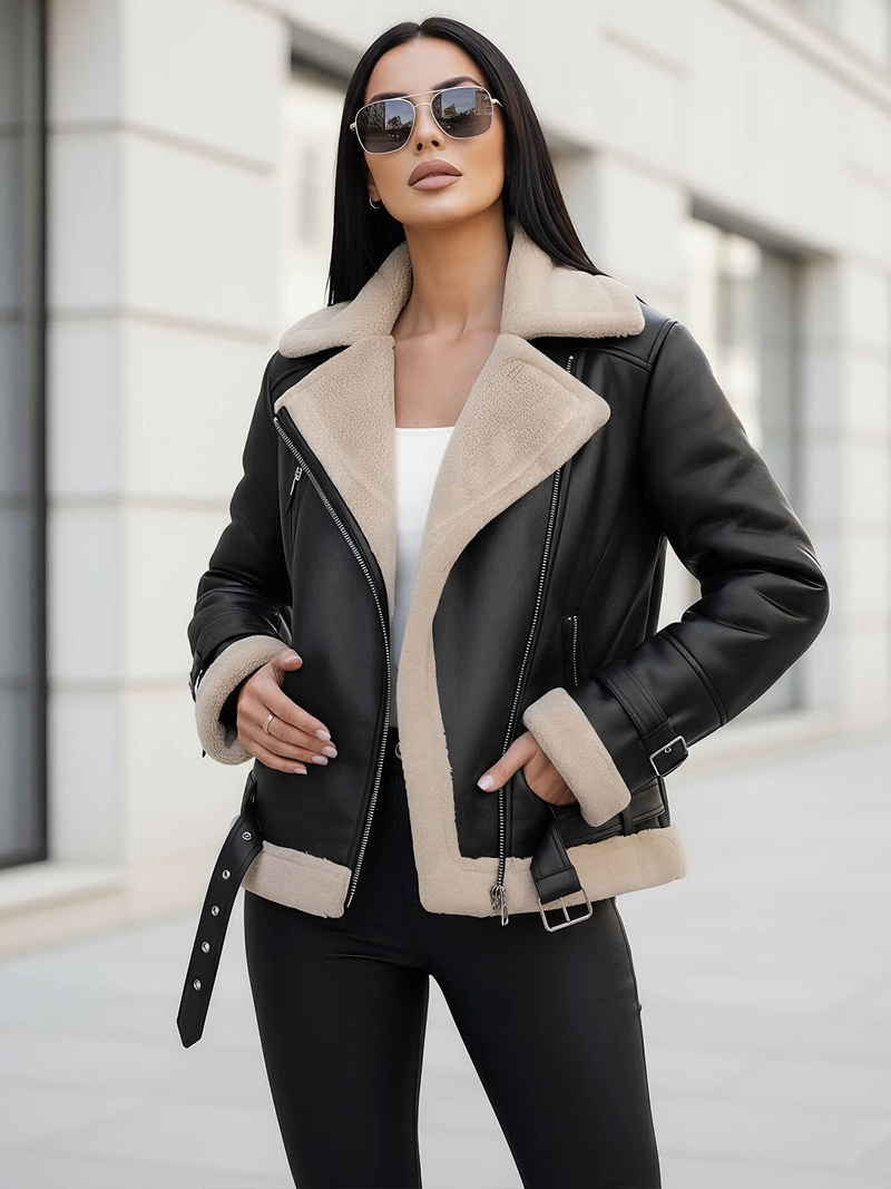 Sieviešu ādas jaka melni-smilšu OZONEE JS/11Z8177Z