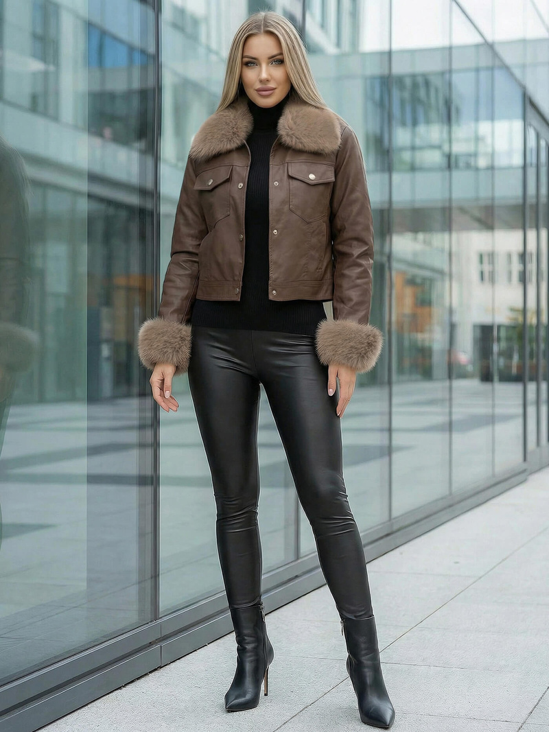 Sieviešu ādas jaka šokolāde OZONEE JS/61M8513/158