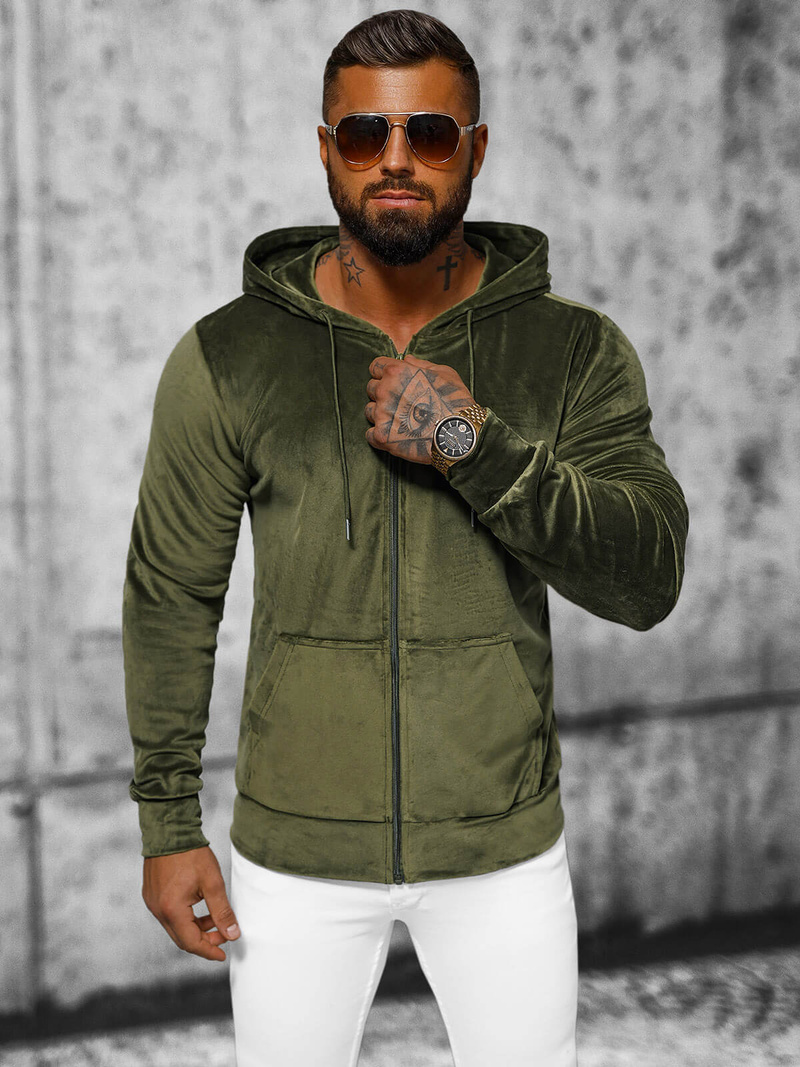 Vīriešu velūra džemperis ar kapuci haki OZONEE JS/8B1168/29