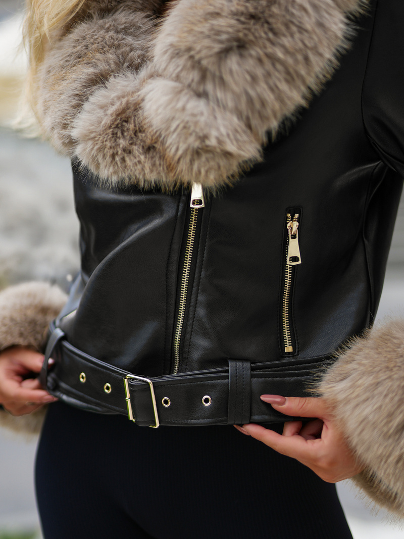 Sieviešu ādas jaka melni-smilšu OZONEE JS/61M8511/392B