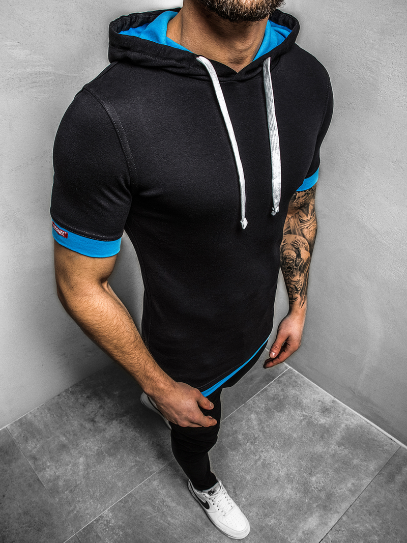 Vīriešu T-krekls ar kapuci melns-debesu zils OZONEE O/1273Z