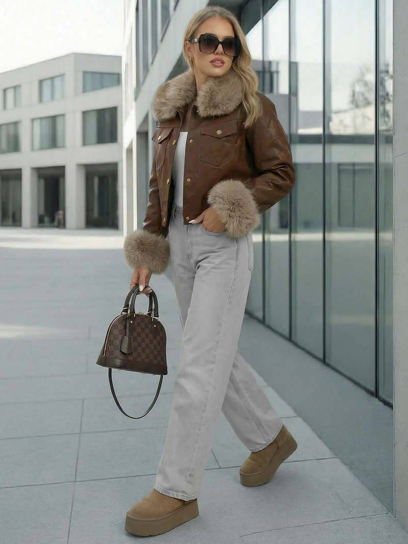 Sieviešu ādas jaka šokolāde OZONEE JS/61M8513/158