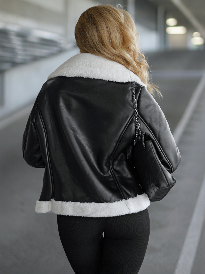 Sieviešu ādas jaka melni-balta OZONEE JS/11Z8177Z