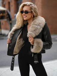 Sieviešu ādas jaka melni-smilšu OZONEE JS/61M8511/392B