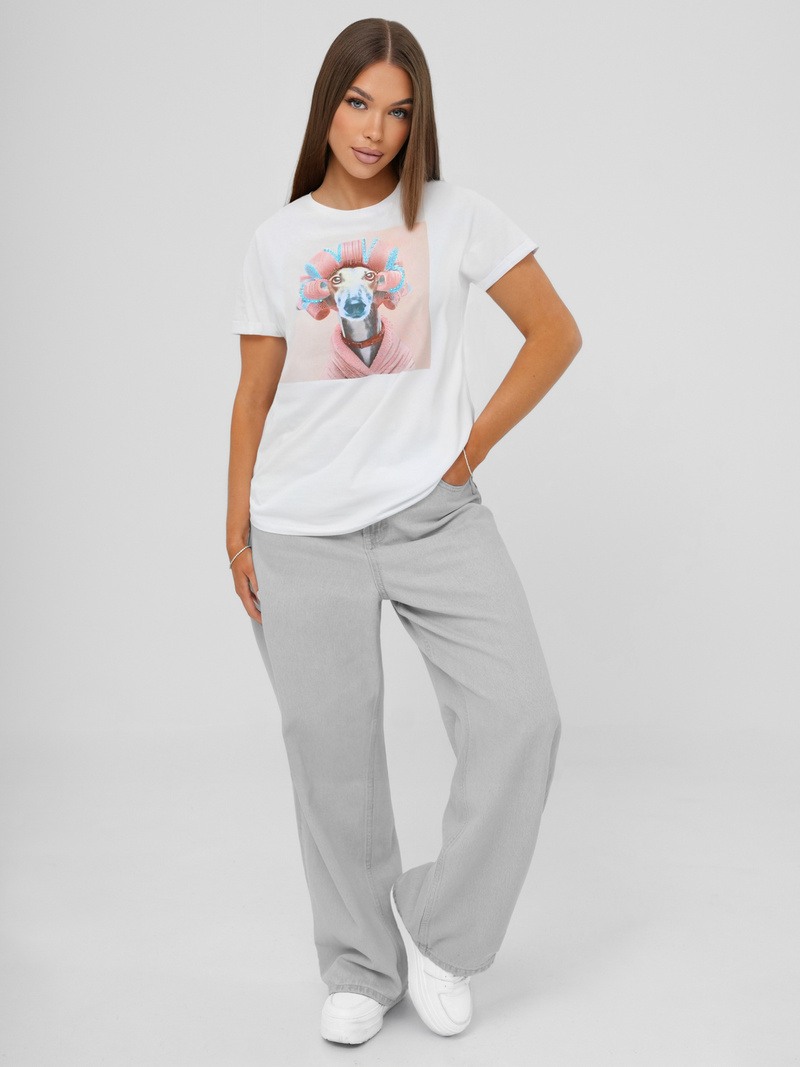 Sieviešu t-krekls balti-sārtas OZONEE JS/YJ77726