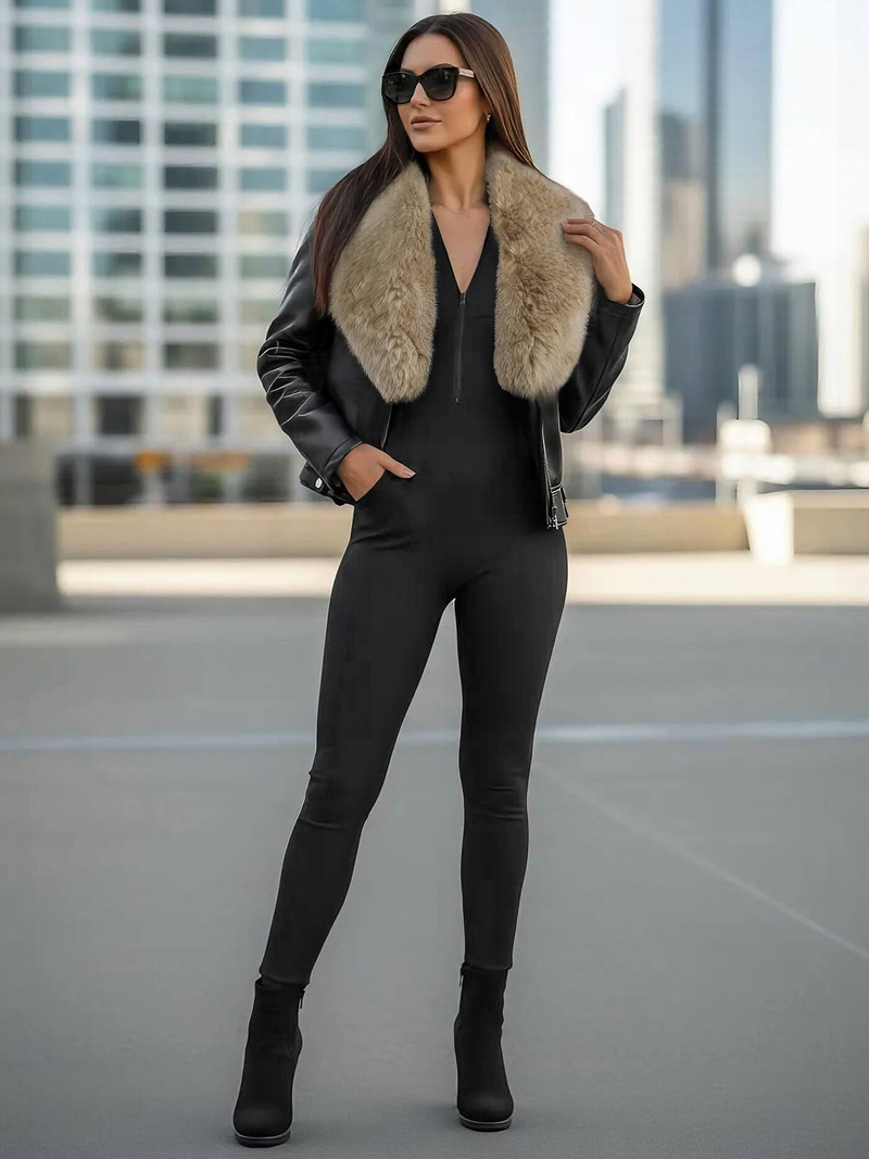 Sieviešu ādas jaka melni-smilšu OZONEE JS/61M8508/392BZ