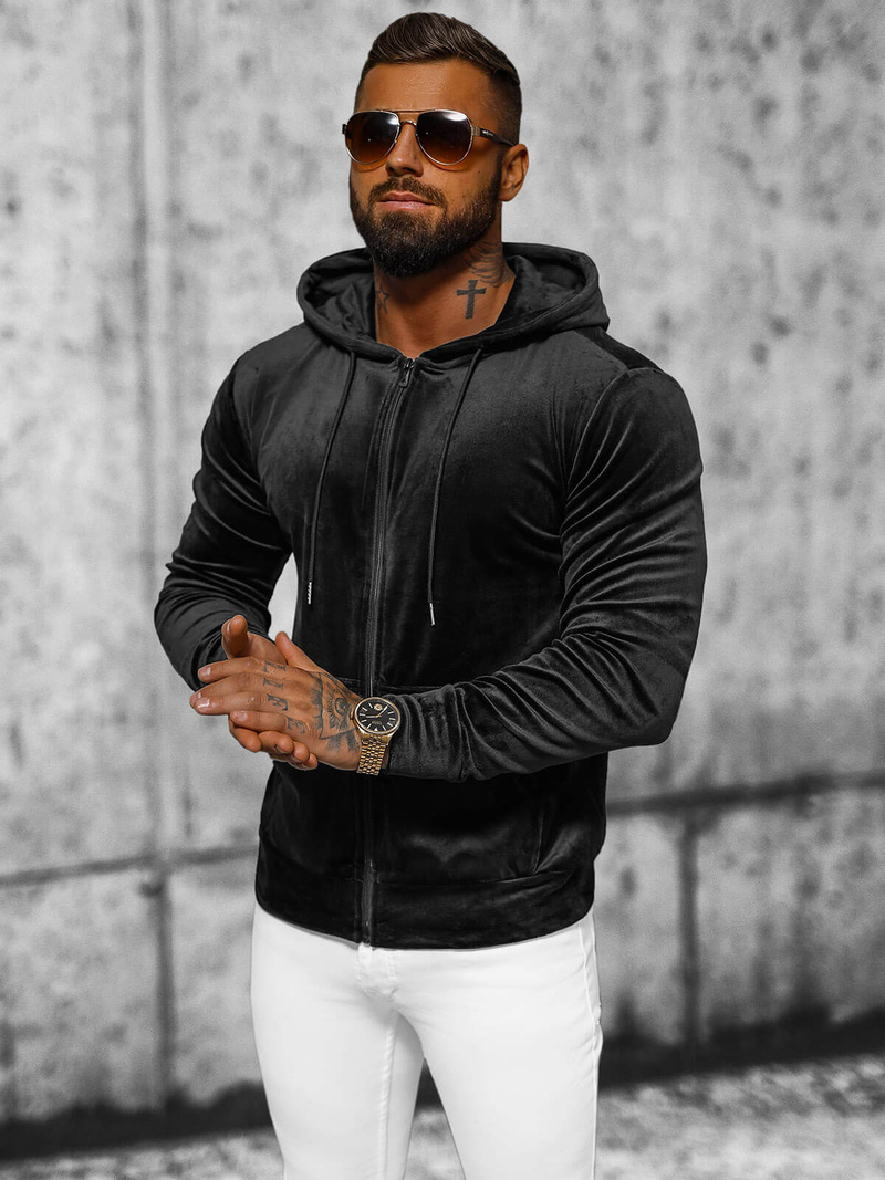 Vīriešu velūra džemperis ar kapuci melns OZONEE JS/8B1168/3