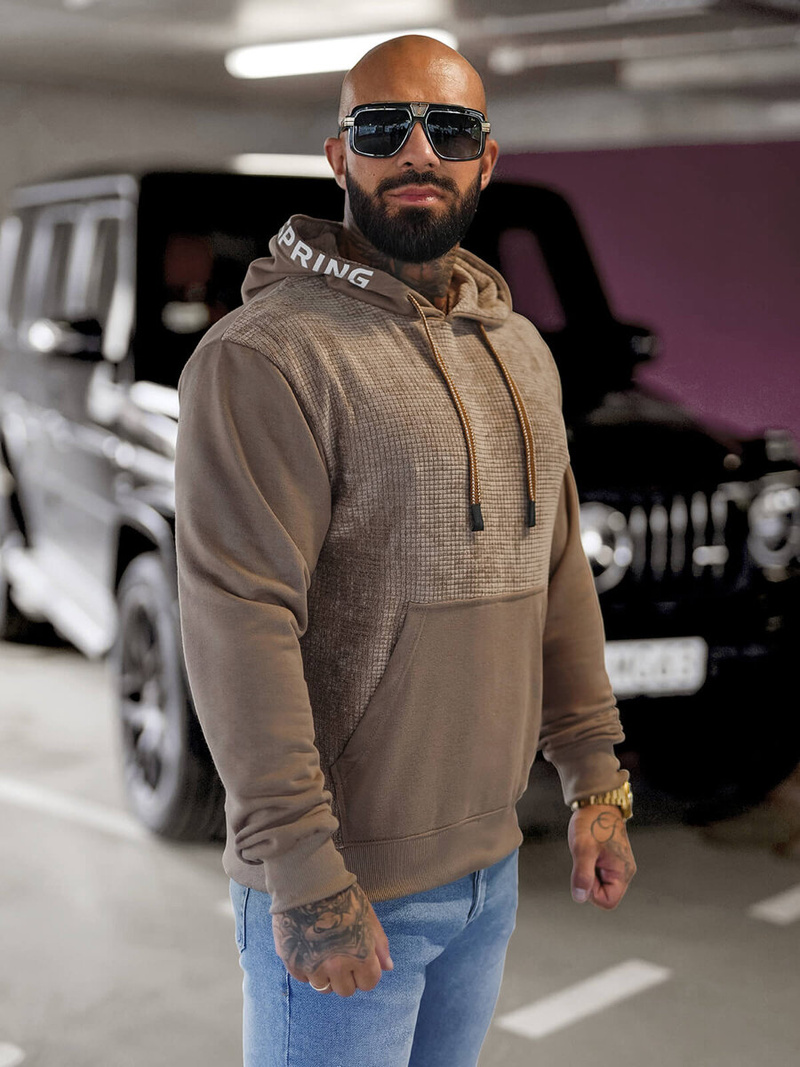 Vīriešu džemperis ar kapuci tumši-smilšu OZONEE O/3C505