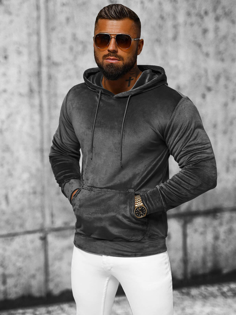 Vīriešu velūra džemperis ar kapuci grafīta OZONEE JS/8B1170/6