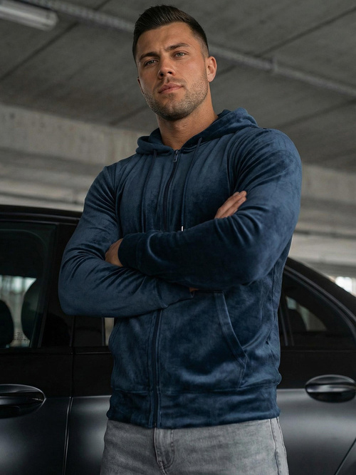 Vīriešu velūra džemperis ar kapuci tumši zila OZONEE JS/8B1168/25Z