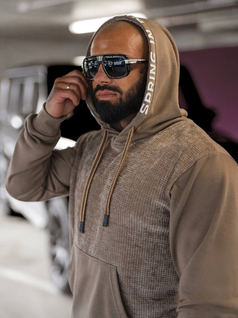 Vīriešu džemperis ar kapuci tumši-smilšu OZONEE O/3C505