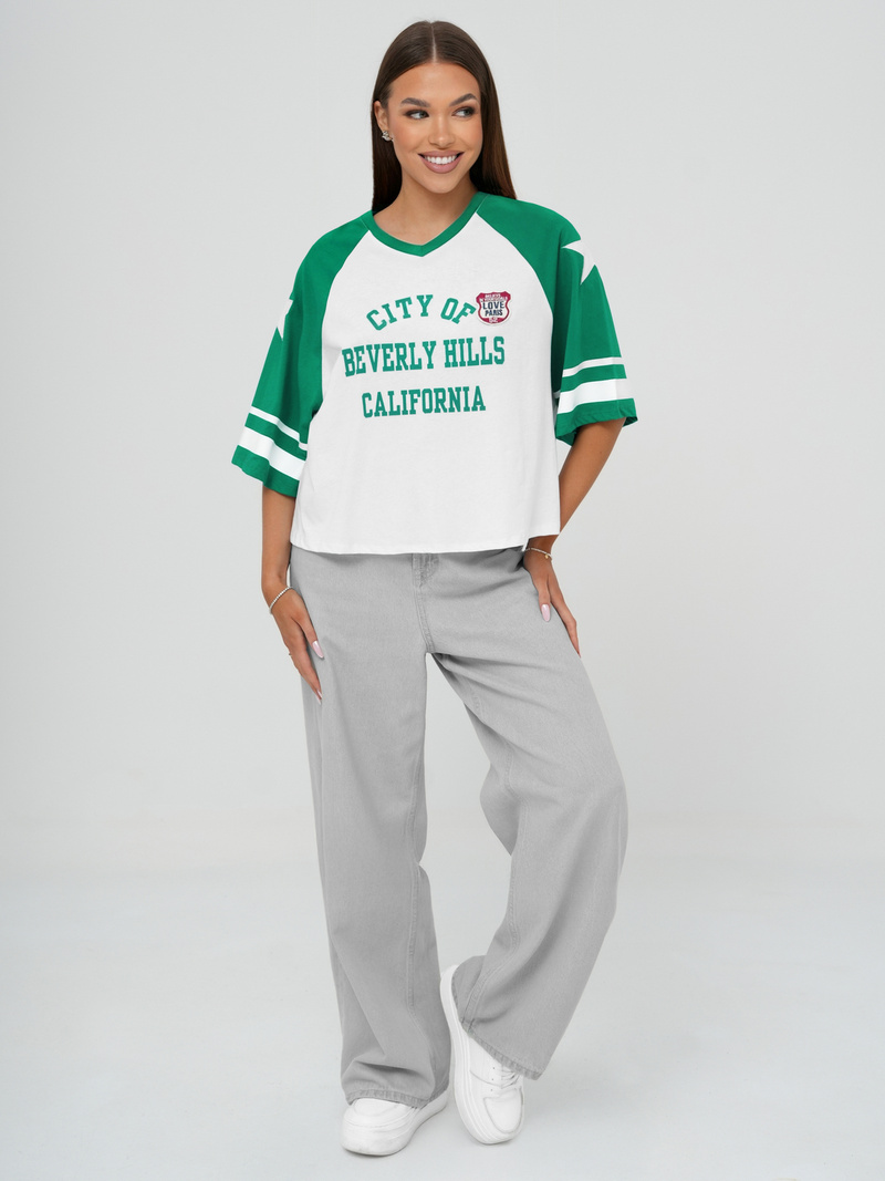 Sieviešu t-krekls balts-zaļš OZONEE JS/R62493