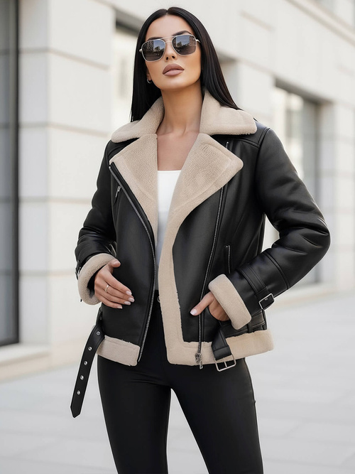 Sieviešu ādas jaka melni-smilšu OZONEE JS/11Z8177Z