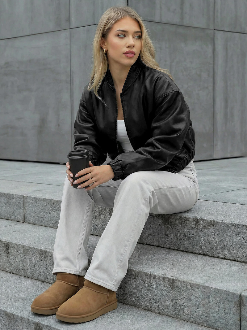 Sieviešu ādas jaka melna OZONEE JS/11Z8281Z