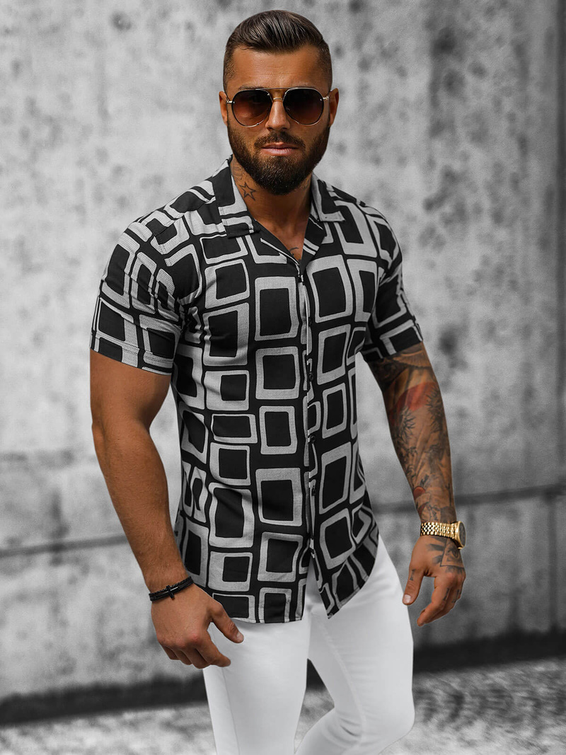 Vīriešu krekls ar īsām piedurknēm melns OZONEE E/1400/117