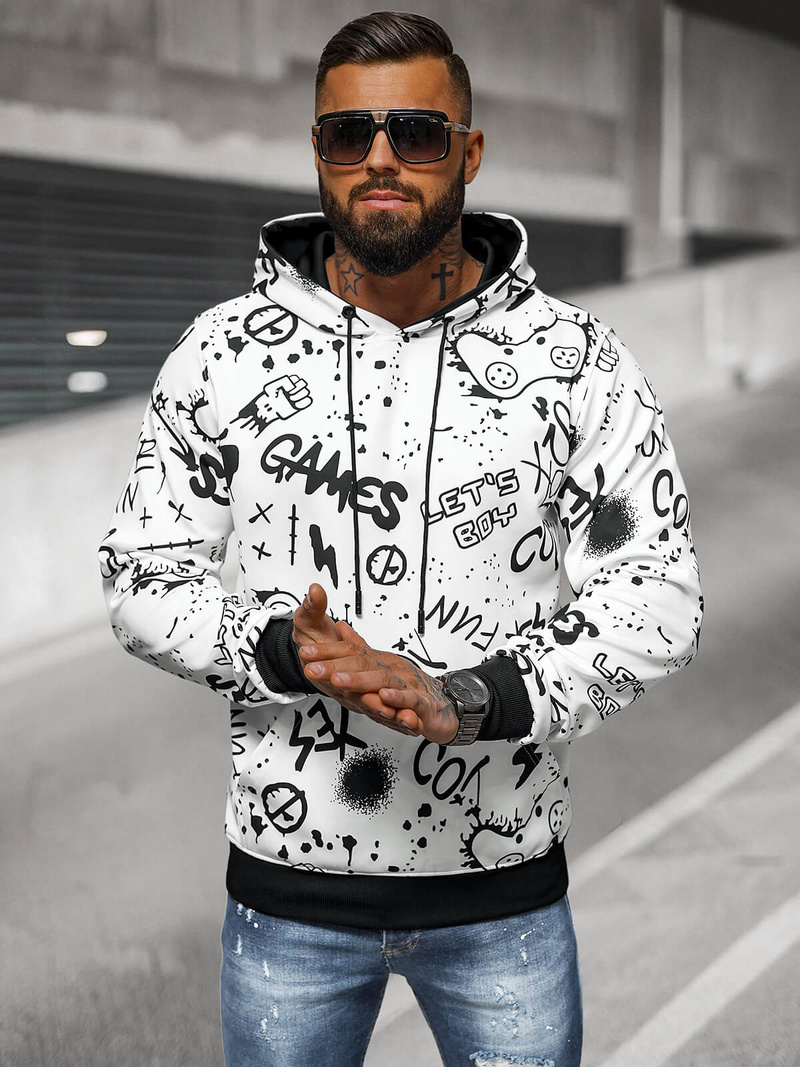 Vīriešu džemperis ar kapuci balta OZONEE JS/8B1227/1