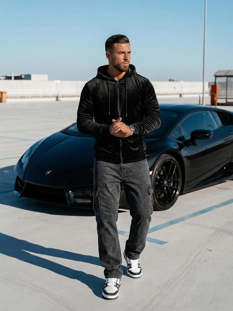 Vīriešu velūra džemperis ar kapuci melns OZONEE JS/8B1168/3Z