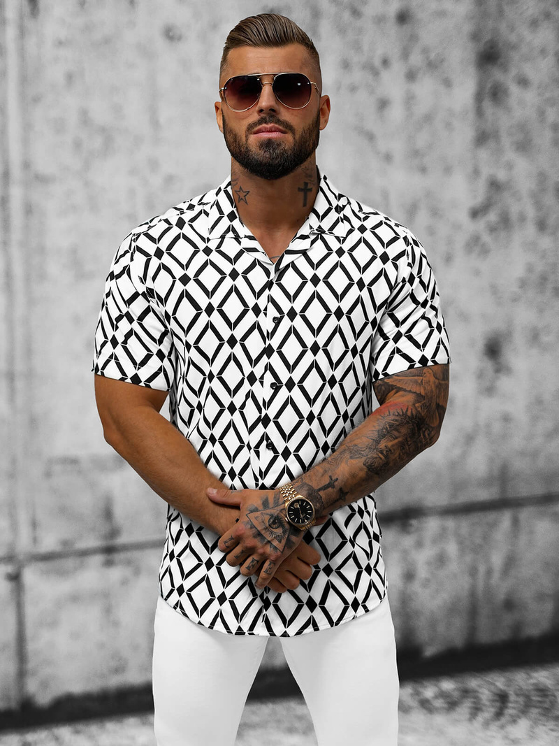 Vīriešu krekls ar īsām piedurknēm balti-melna OZONEE E/1400/139Z