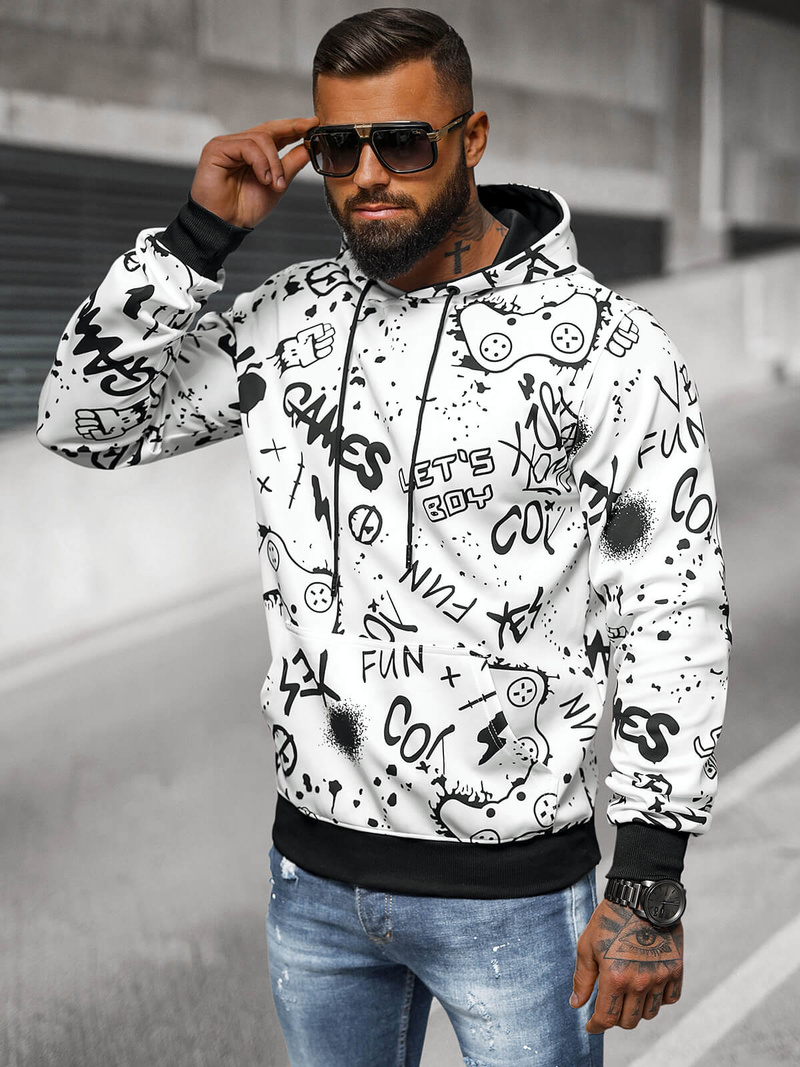 Vīriešu džemperis ar kapuci balta OZONEE JS/8B1227/1