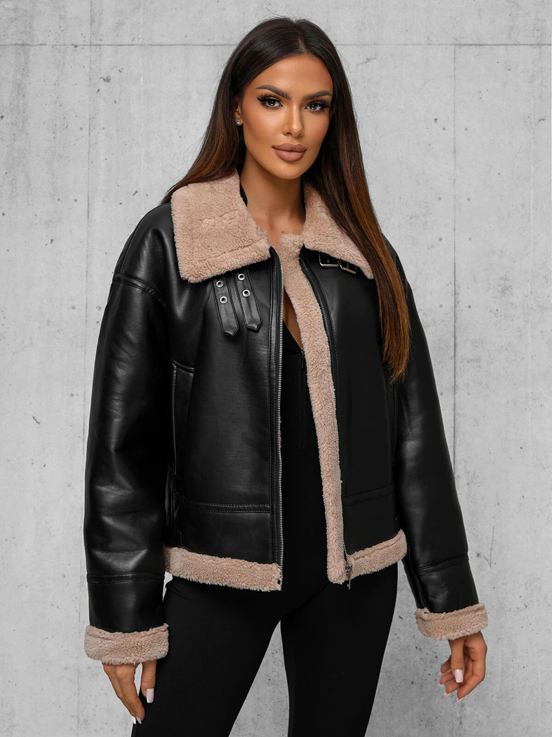 Sieviešu ādas jaka melni-smilšu OZONEE JS/11Z8176Z