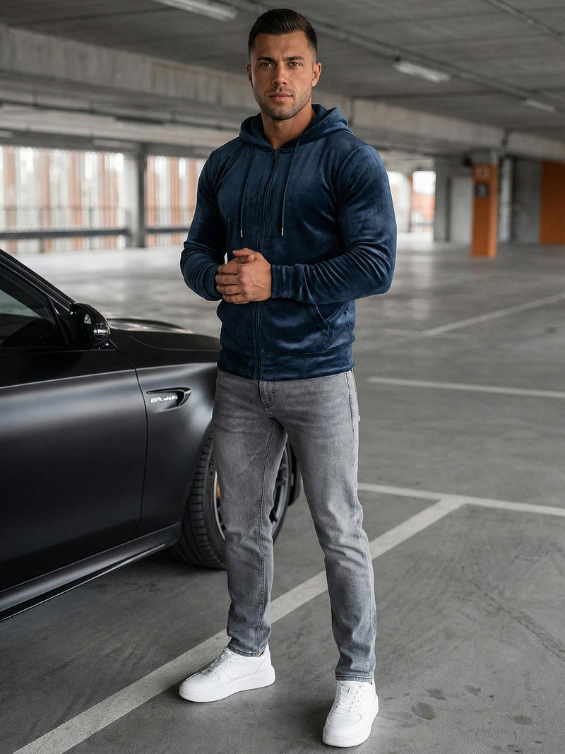 Vīriešu velūra džemperis ar kapuci tumši zila OZONEE JS/8B1168/25Z