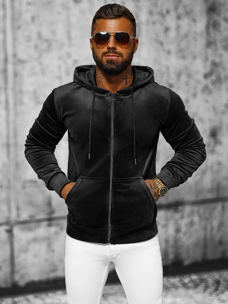 Vīriešu velūra džemperis ar kapuci melns OZONEE JS/8B1168/3