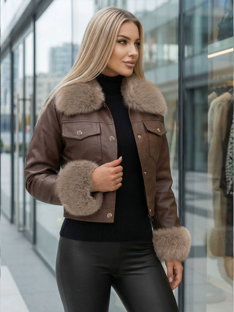 Sieviešu ādas jaka šokolāde OZONEE JS/61M8513/158