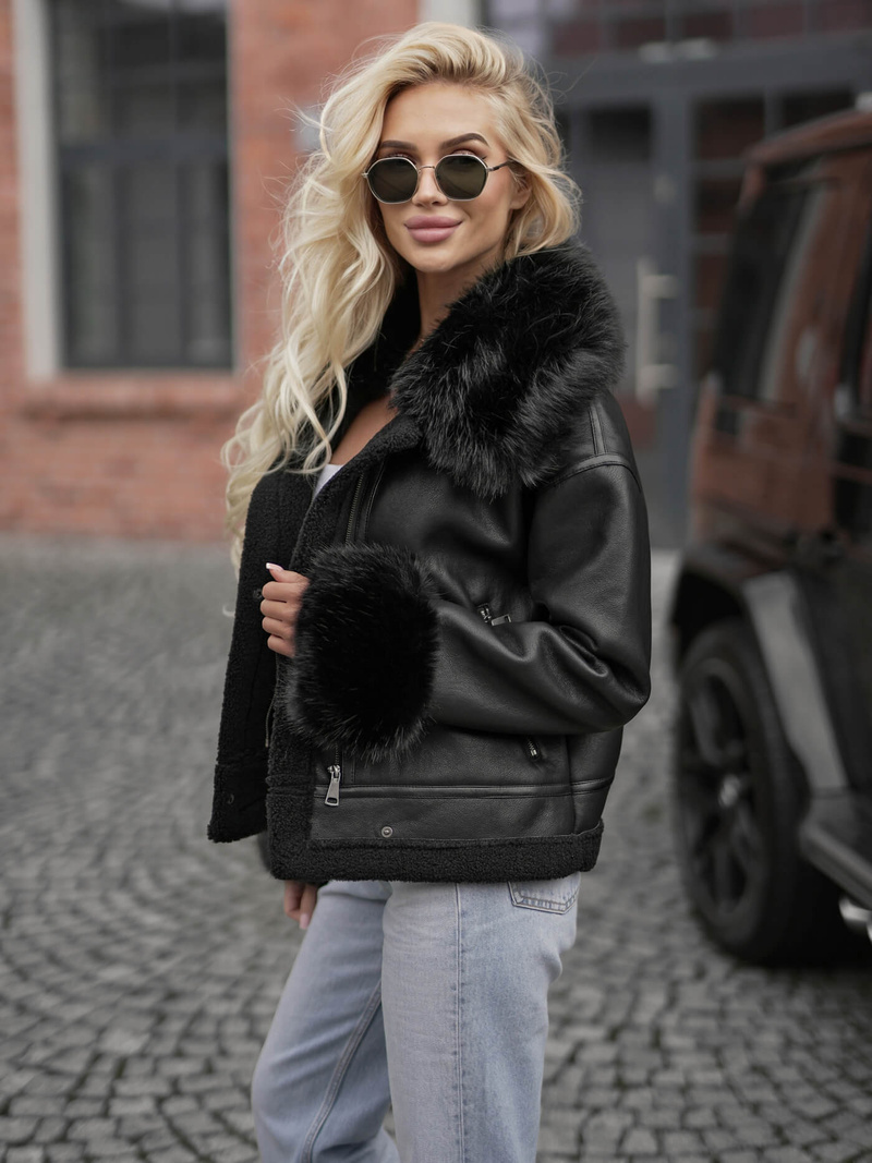 Sieviešu ādas jaka melna OZONEE JS/61M8505/392Z