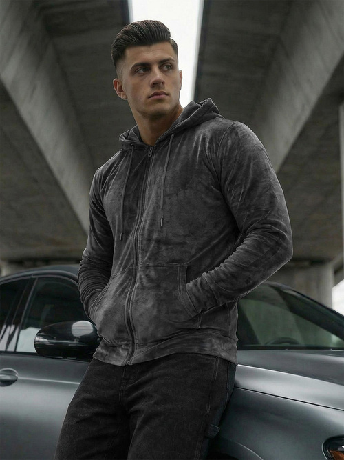 Vīriešu velūra džemperis ar kapuci grafīta OZONEE JS/8B1168/6Z